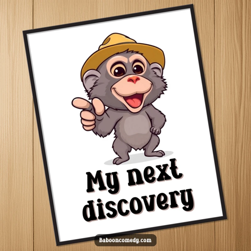 Funny Safari Baboon Poster: A cute baboon in a safari hat points forward with excitement. Vibrant and humorous jungle-themed art.