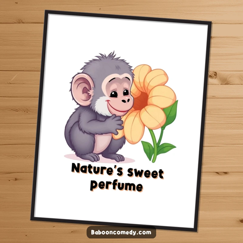 Funny Kawaii baboon poster, artfully showing a primate curiously examining a large, colorful flower with a gentle smile, serene and humorous wall art.