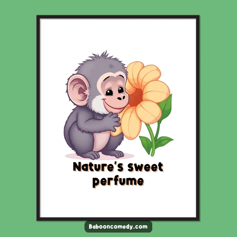 Funny Kawaii Baboon Flower Poster: Gentle Primate Art for Your Walls