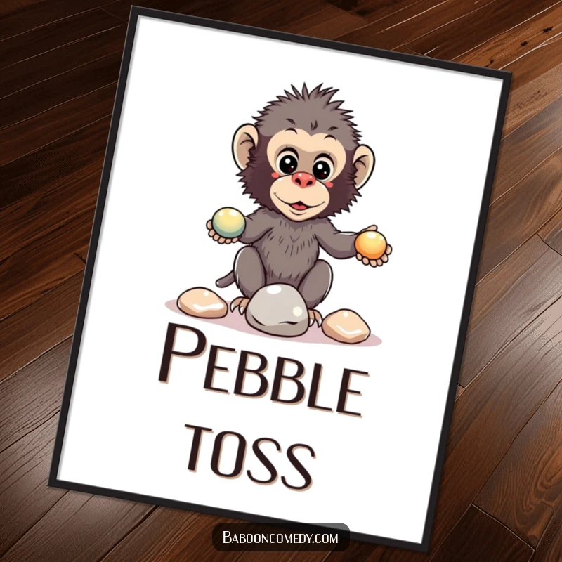 Funny kawaii baboon poster art depicting a primate attempting to juggle three shiny pebbles with intense focus.
