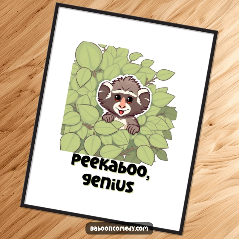 Funny poster of a cheeky baboon peeking from behind a large, leafy bush, capturing a moment of playful curiosity and primate humor.