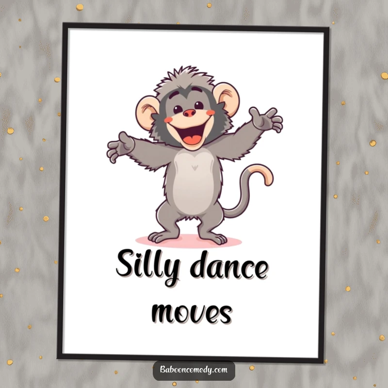 Funny kawaii baboon poster, captured mid-dance with wild arm movements and a huge grin, full of silly energy.