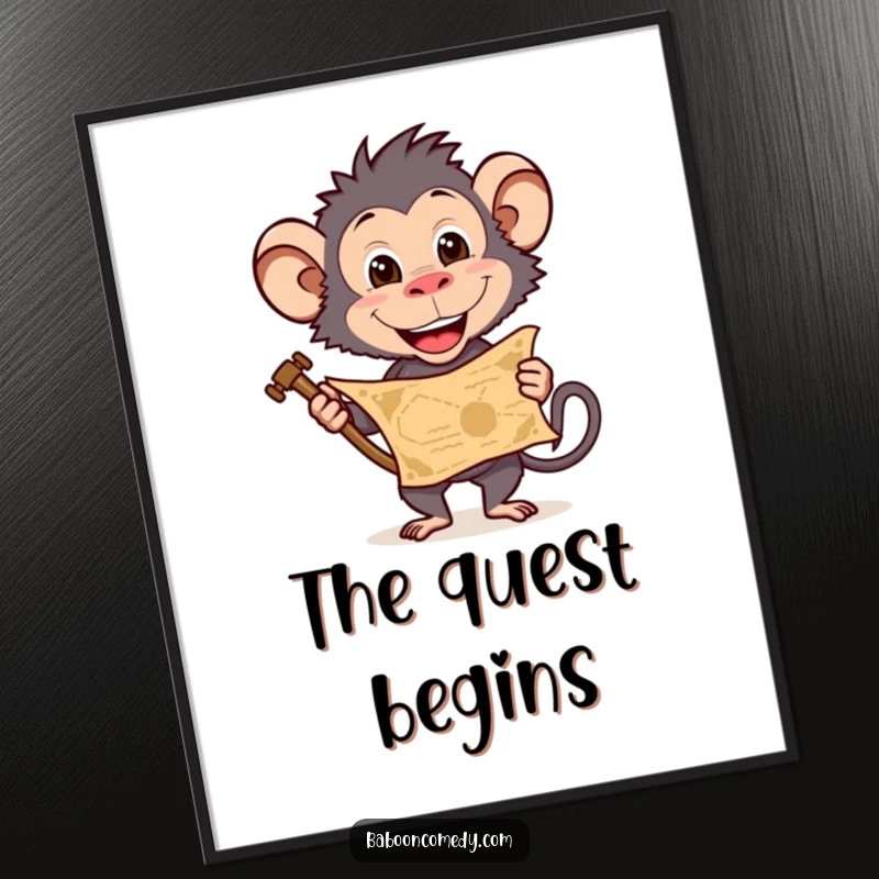 Funny baboon poster featuring a treasure map and an excited character, ideal for adding an adventurous touch, a cool funny gift.