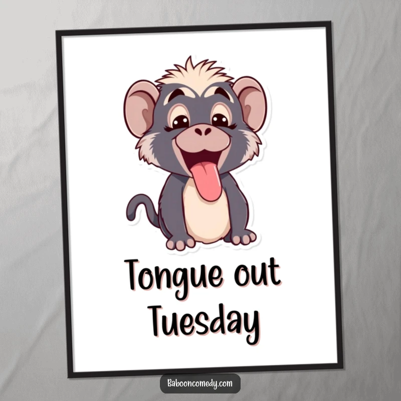 Funny Kawaii baboon poster, capturing a cute primate with a comical expression, sticking its tongue out in a mischievous way.