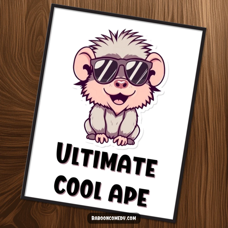 Funny Kawaii Baboon Poster showcasing a cool baboon wearing sunglasses, adding stylish and humorous art.