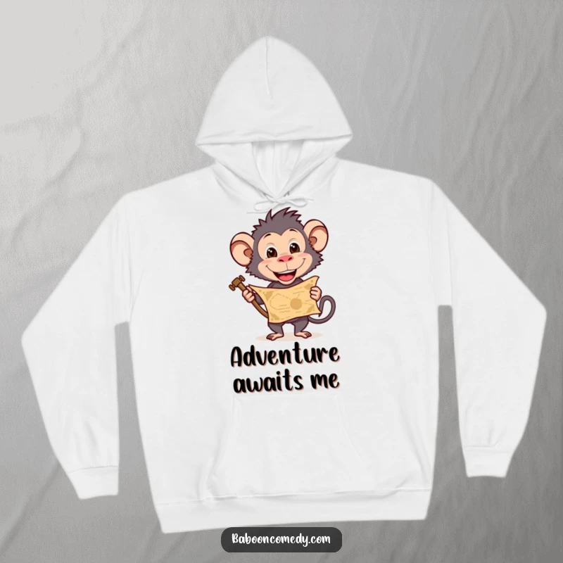 Funny baboon hoodie depicting a treasure map quest, ideal for staying warm during explorations, a cozy funny gift.