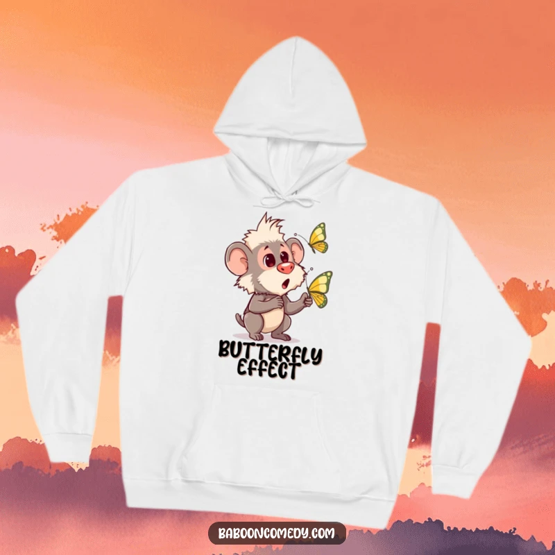Funny hoodie featuring a baboon with a look of utter surprise and fascination as a butterfly dances in the air.