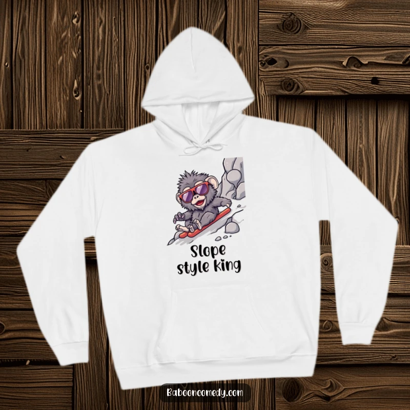 Funny kawaii baboon hoodie, a relaxed primate in oversized sunglasses, smoothly sliding down a rugged, rocky terrain.