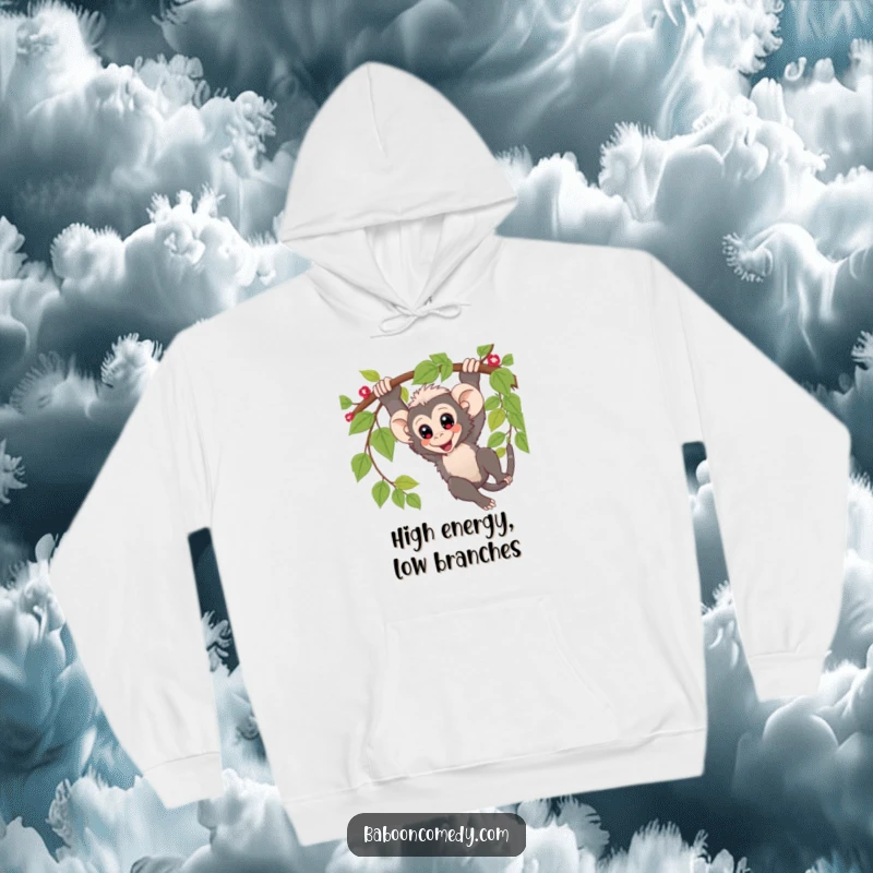 Funny Hoodie: Cute kawaii baboon with wide eyes, swinging happily from a vine, offering cozy warmth and playful vibes.