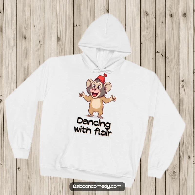 Warm funny hoodie showcasing a playful baboon in a small fez, caught mid-silly dance, perfect for adding cheer and coziness.