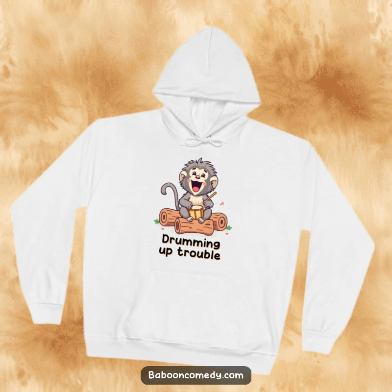 Funny Kawaii baboon hoodie, illustrated excitedly drumming on hollow logs, embodying a happy, rhythmic, and lively spirit.
