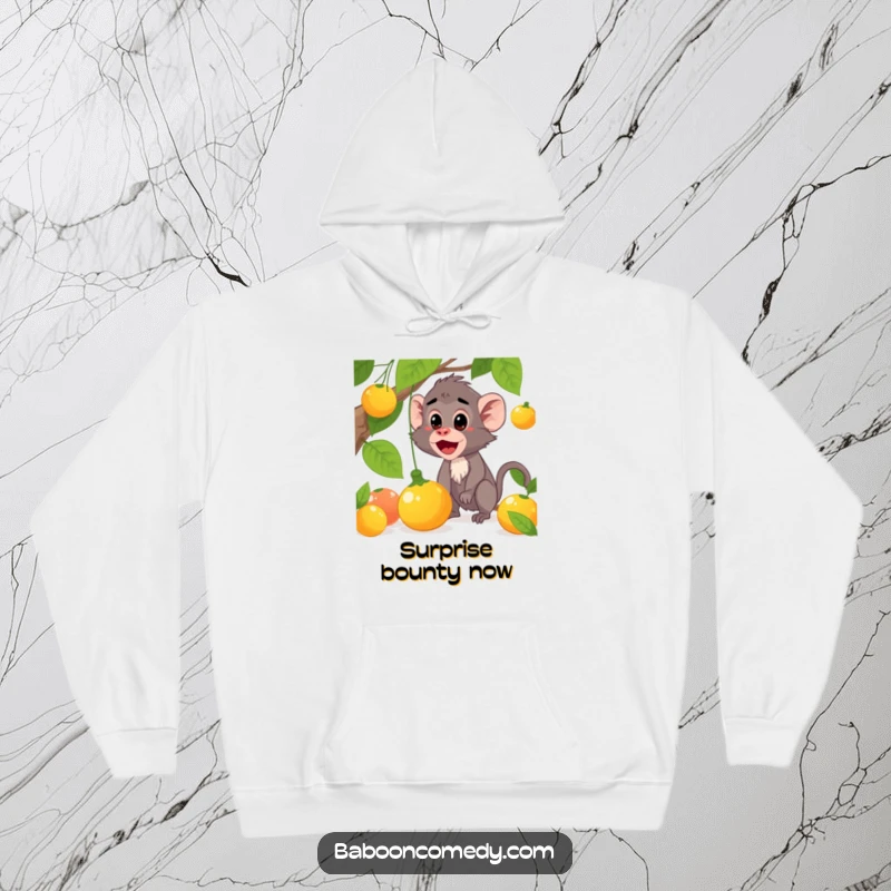 Funny baboon hoodie depicting a surprised character and falling fruit, offering cozy humor, a fun funny gift.