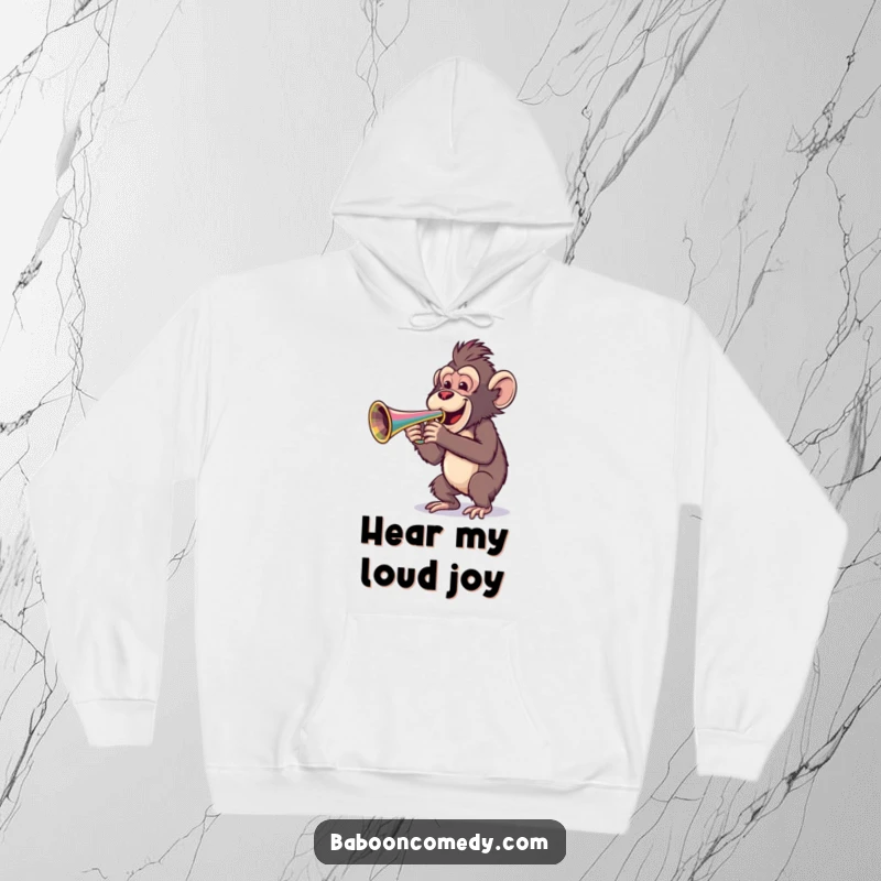 Funny hoodie depicting a joyful baboon blowing a large, colorful trumpet with gusto, radiating musical happiness.