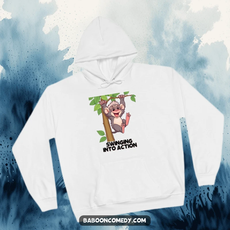 Funny baboon character swinging with gusto from a vine, printed on a soft hoodie. Ideal for anyone seeking comfort and a touch of jungle humor.