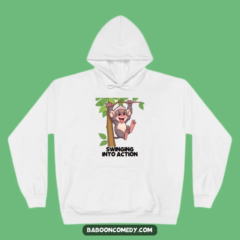 Funny Baboon Vine Swing Hoodie: Cozy Primate Adventure Sweatshirt for Chilly Days