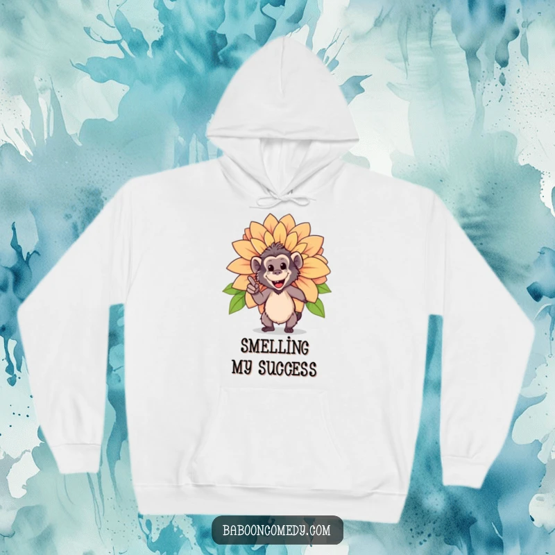 Funny hoodie depicting a happy baboon proudly pointing at a huge, blossoming flower, exuding pride and appreciation for nature.