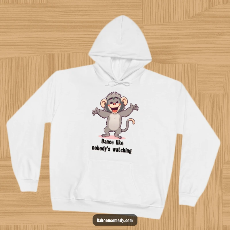 Funny kawaii baboon in a hoodie, performing an energetic, silly dance with arms flailing and a wide, joyful grin.