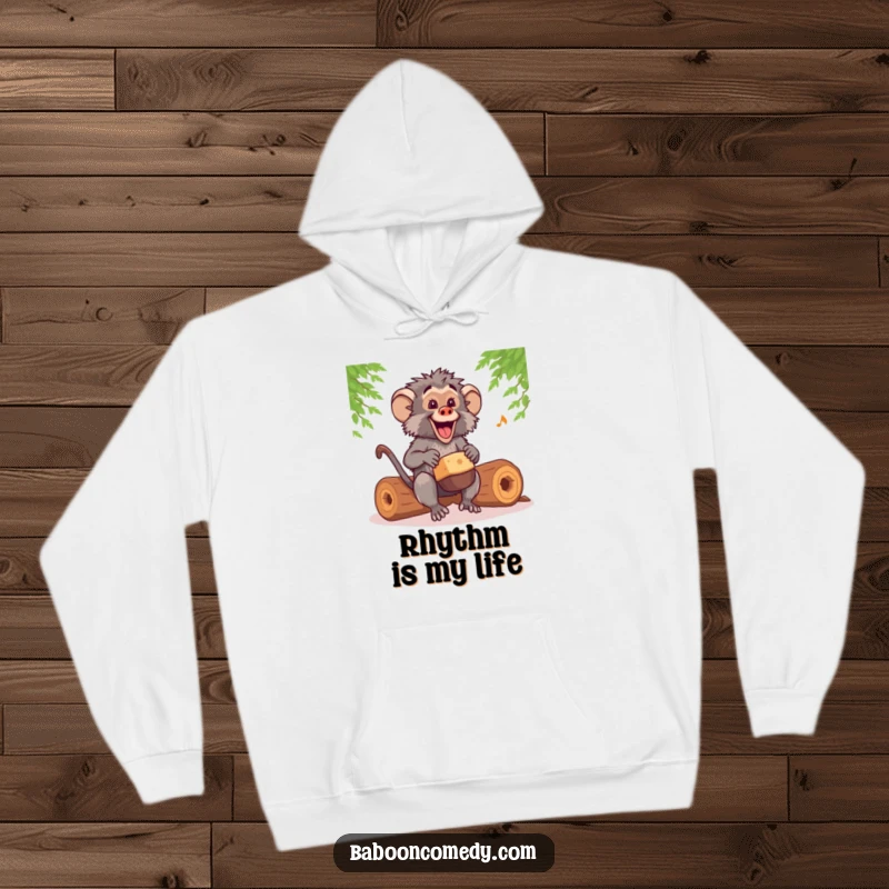 Funny kawaii baboon drummer wearing a hoodie, tapping out a happy rhythm on hollow logs, a truly amusing design.