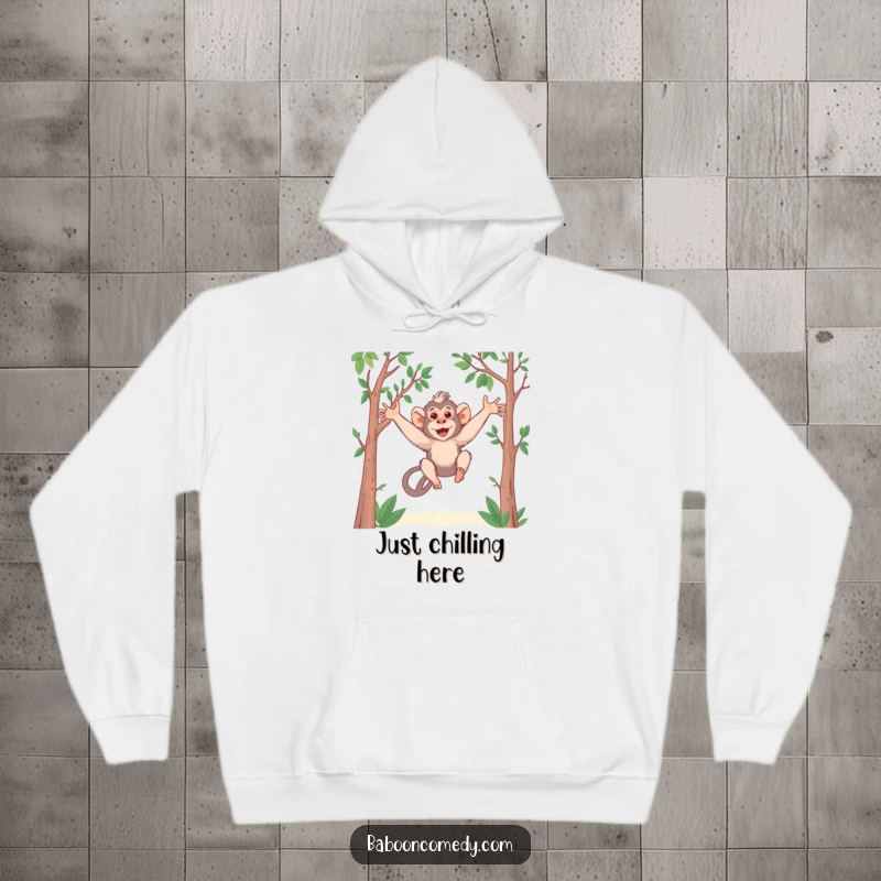 Funny Kawaii Baboon Hoodie: A cute baboon with long arms playfully swings. Cozy, warm, and full of adorable, humorous charm.