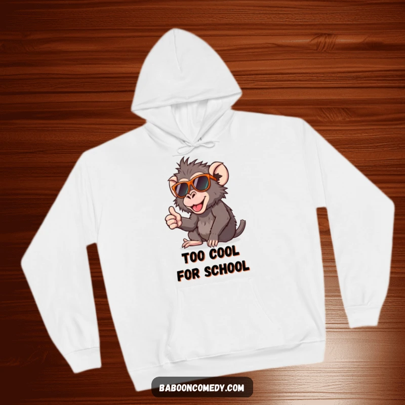 Funny hoodie featuring a relaxed baboon sporting sunglasses and a positive thumbs-up gesture, perfect for cozy, humorous wear.