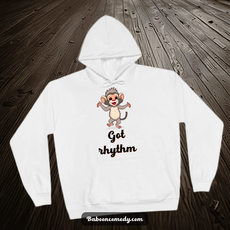 Funny dancing baboon hoodie showing a happy ape grooving with rhythmic foot-tapping, ideal for cozy music sessions.
