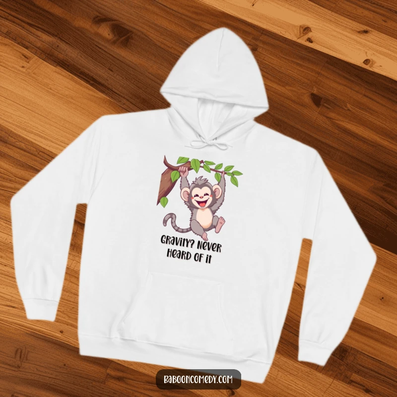 Funny kawaii baboon hoodie, a happy primate mid-swing on a vine, radiating pure joy and playful energy for all to enjoy.
