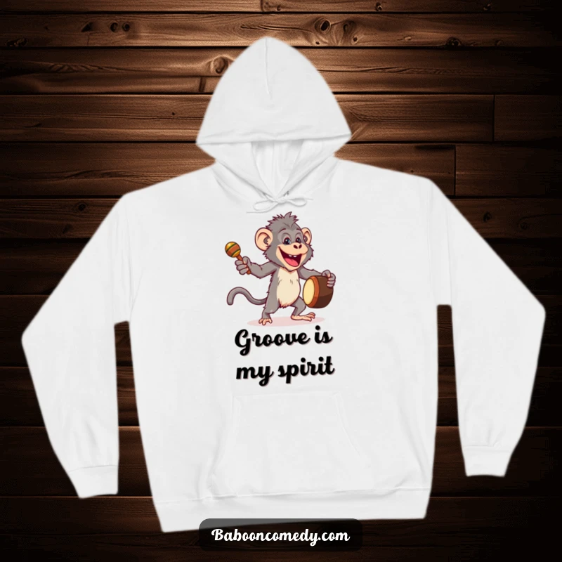 Funny hoodie featuring a joyful baboon dancing with musical instruments, embodying energetic celebration and comfort.
