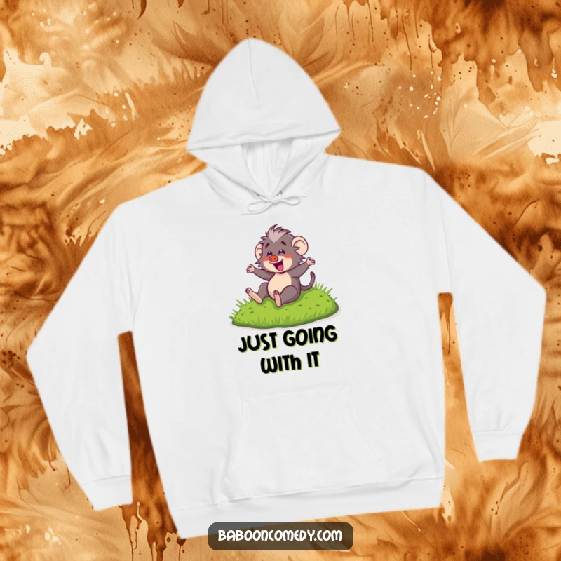 Funny Kawaii Baboon Hoodie: Adorable baboon in mid-slide down a hill, embodying carefree fun and happiness on a cozy sweatshirt.