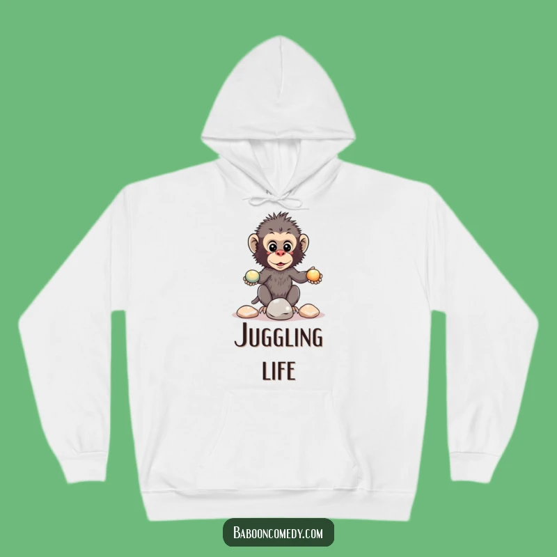 Kawaii Baboon Pebble Juggle Hoodie - Cozy Funny Primate Apparel