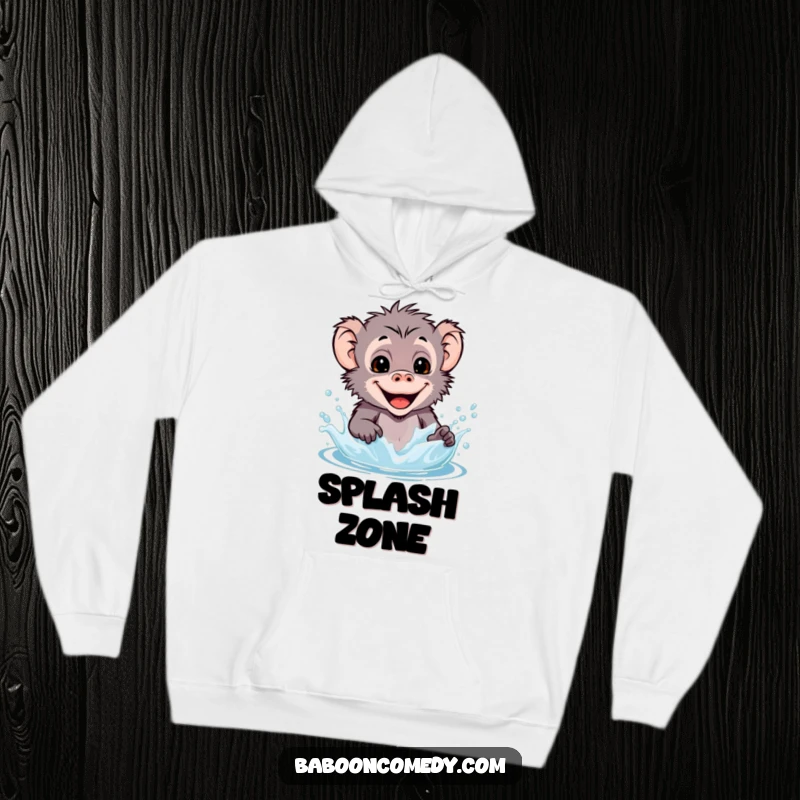Funny kawaii baboon hoodie graphic of a primate enjoying a splash of water, smiling broadly.