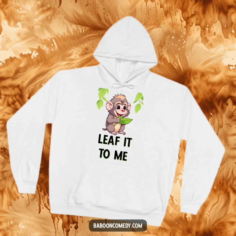 Funny hoodie featuring a baboon happily chewing on a large, tasty leaf, embodying peace and satisfaction.