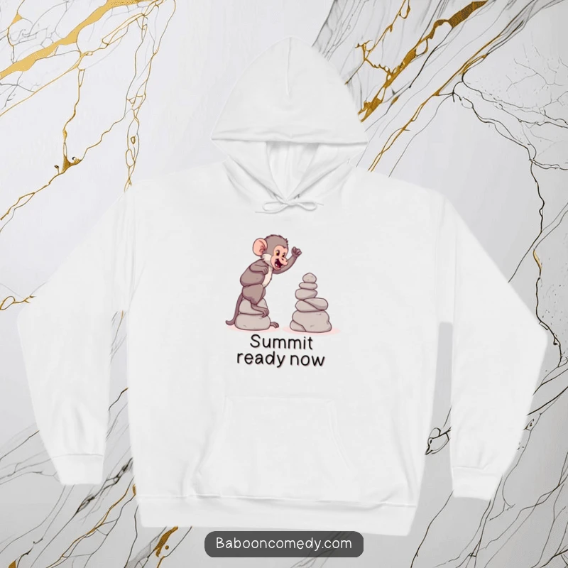 Funny hoodie illustrating a playful baboon constructing a precarious tower of large, round stones, emphasizing fun and effort.