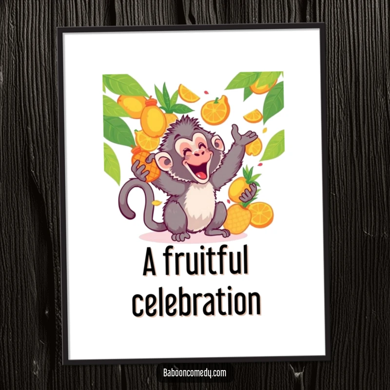Funny Free Printable Wall Art: Kawaii baboon gleefully tossing a colorful array of tropical fruits in the air with a wide, happy grin.