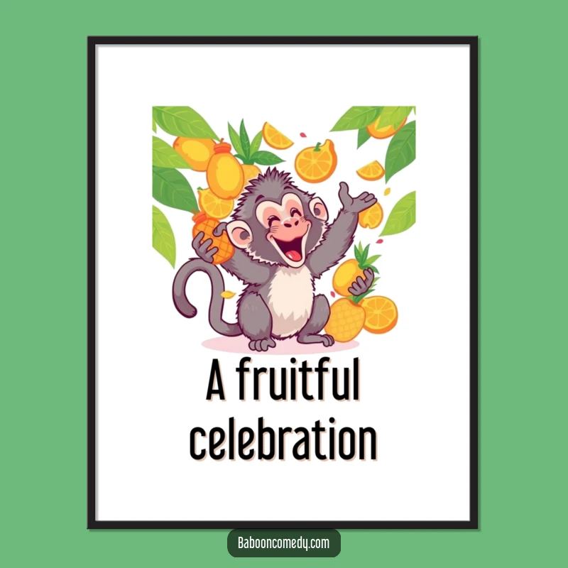 Funny Free Printable Wall Art: Kawaii Baboon's Tropical Fruit Fiesta!