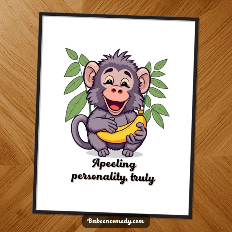 Funny Free Printable Wall Art: A kawaii baboon enthusiastically shares a large bunch of ripe bananas with an open palm.