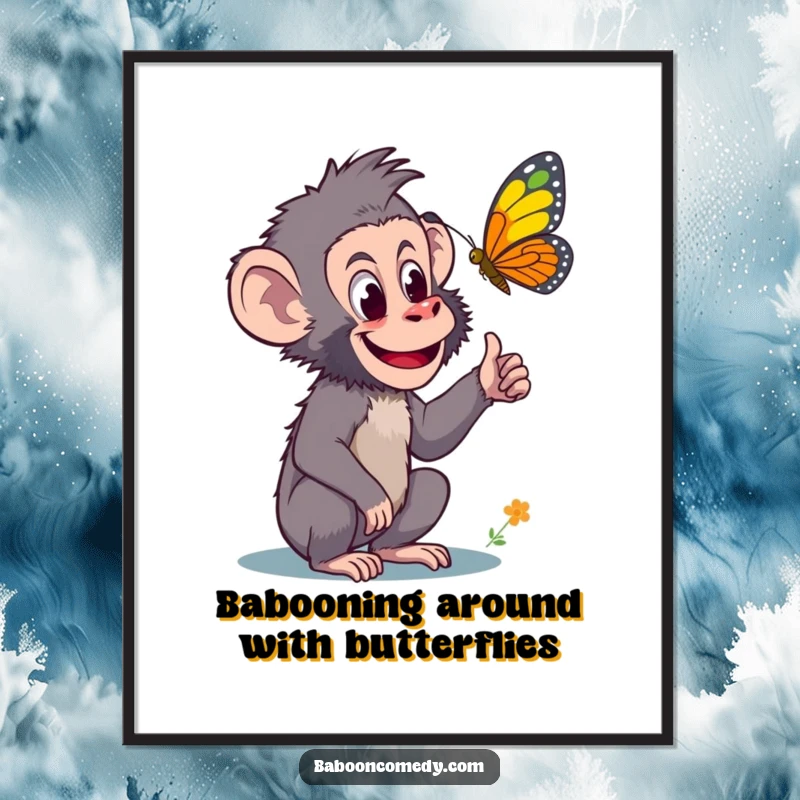 Funny Free Printable Wall Art: A curious baboon pointing with excitement at a vividly colored butterfly. Whimsical and engaging decor.