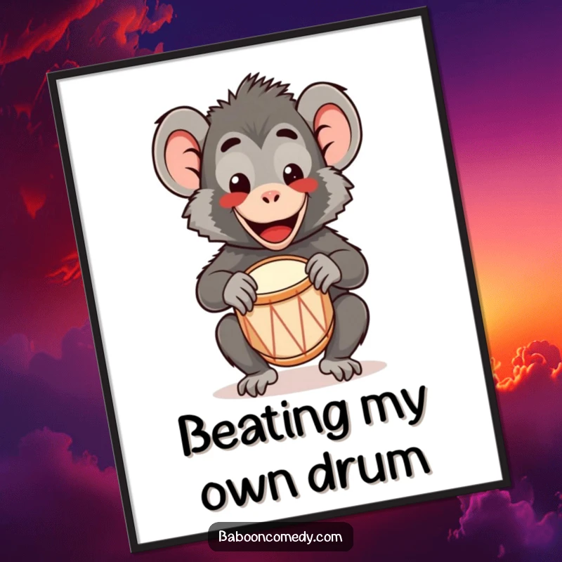Funny Free Printable Wall Art of a happy kawaii baboon with a wide smile, energetically playing a tiny drum.
