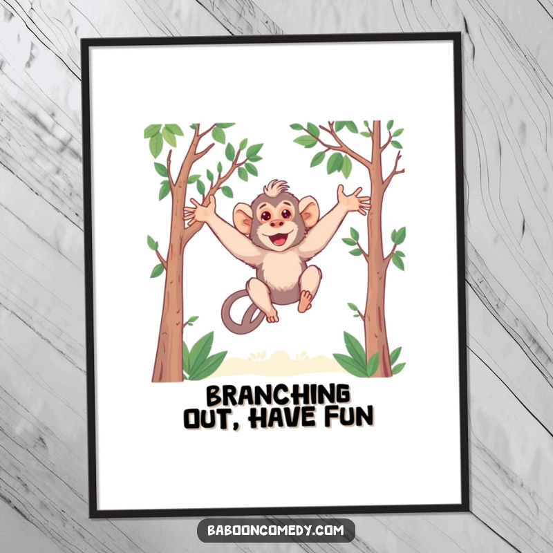 Funny Free Printable Wall Art: Kawaii baboon with long arms joyfully swinging through lush green trees.