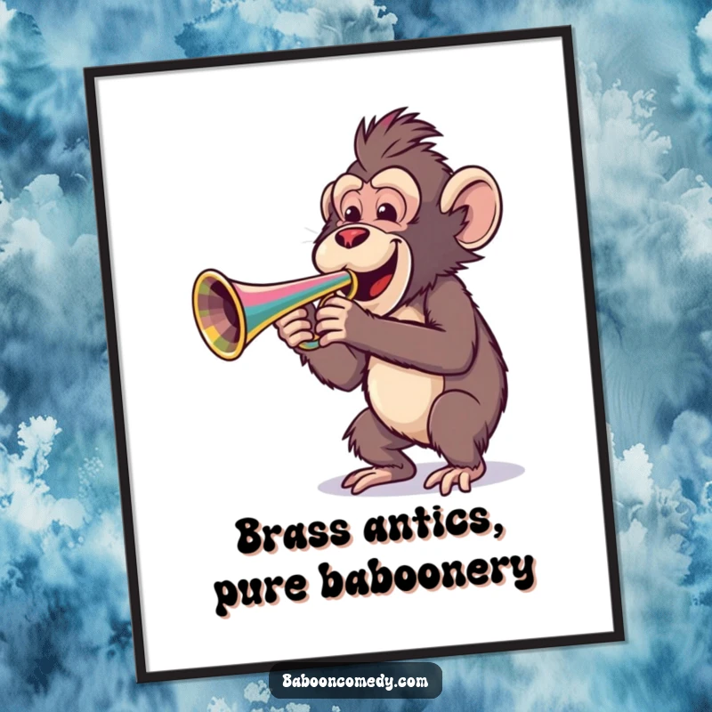 Funny Free Printable Wall Art: A happy baboon joyfully plays a large, brightly colored trumpet, full of energy.