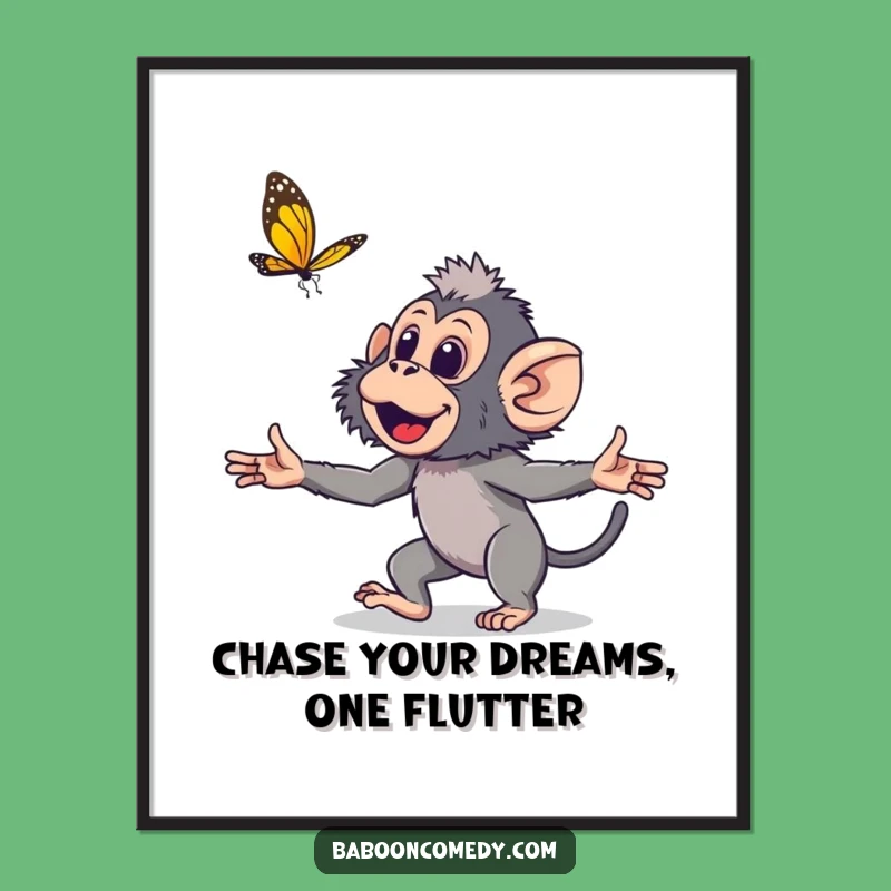Free Printable Wall Art: Funny Baboon Butterfly Chase! Playful Downloadable Art.
