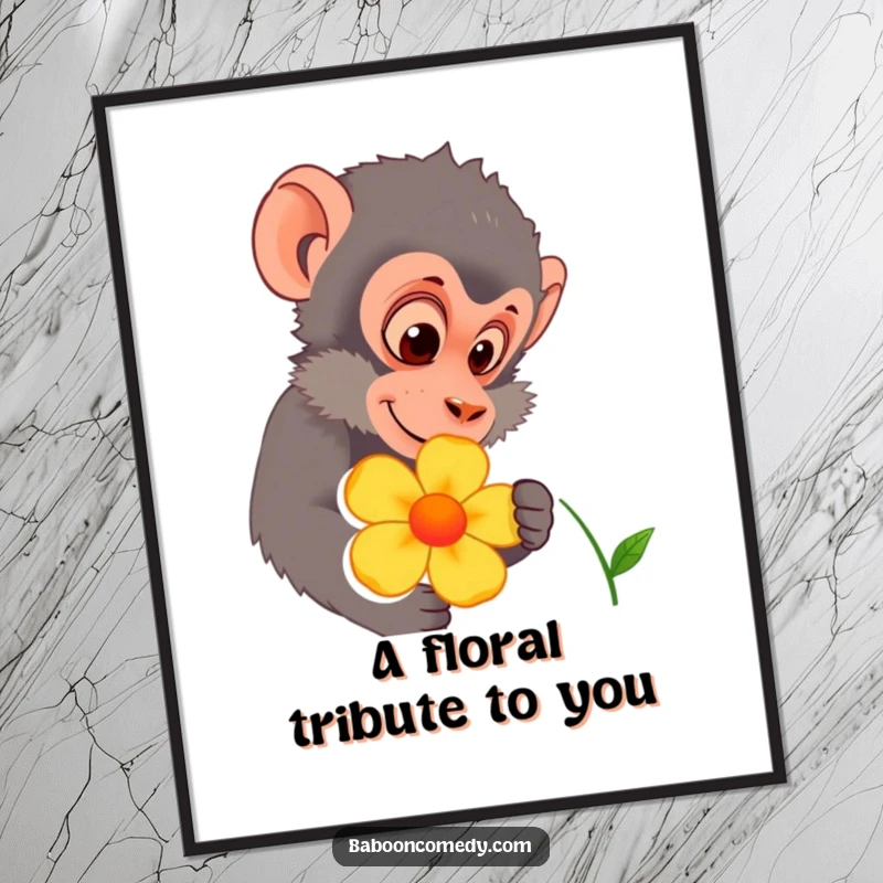 Funny Free Printable Baboon Wall Art: A baboon curiously investigates a vividly colored flower, capturing a moment of gentle jungle exploration.