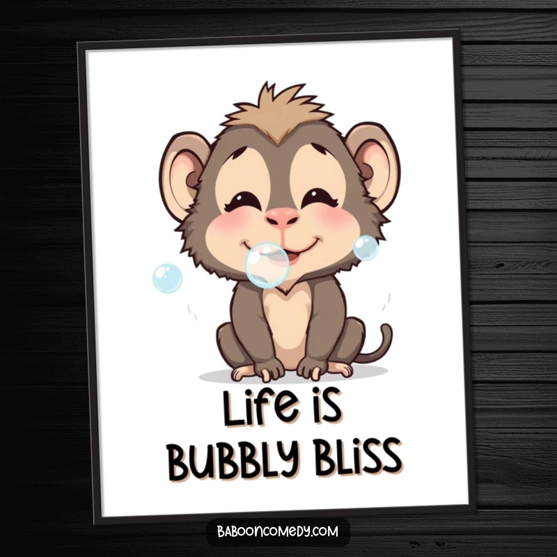 Funny Free Printable Baboon Wall Art: Baboon with puffed cheeks playfully blowing iridescent bubbles. Charming downloadable decor.