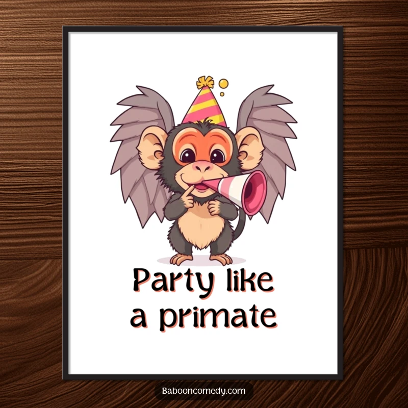 Funny Free Printable Baboon Wall Art: Baboon wearing party hat, enthusiastically blowing a noisemaker. Hilarious downloadable decor.