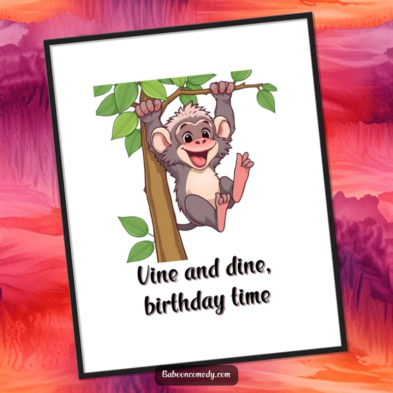 Funny Free Printable Baboon Wall Art: A baboon gleefully swinging from a vine, embodying pure, unadulterated jungle energy.