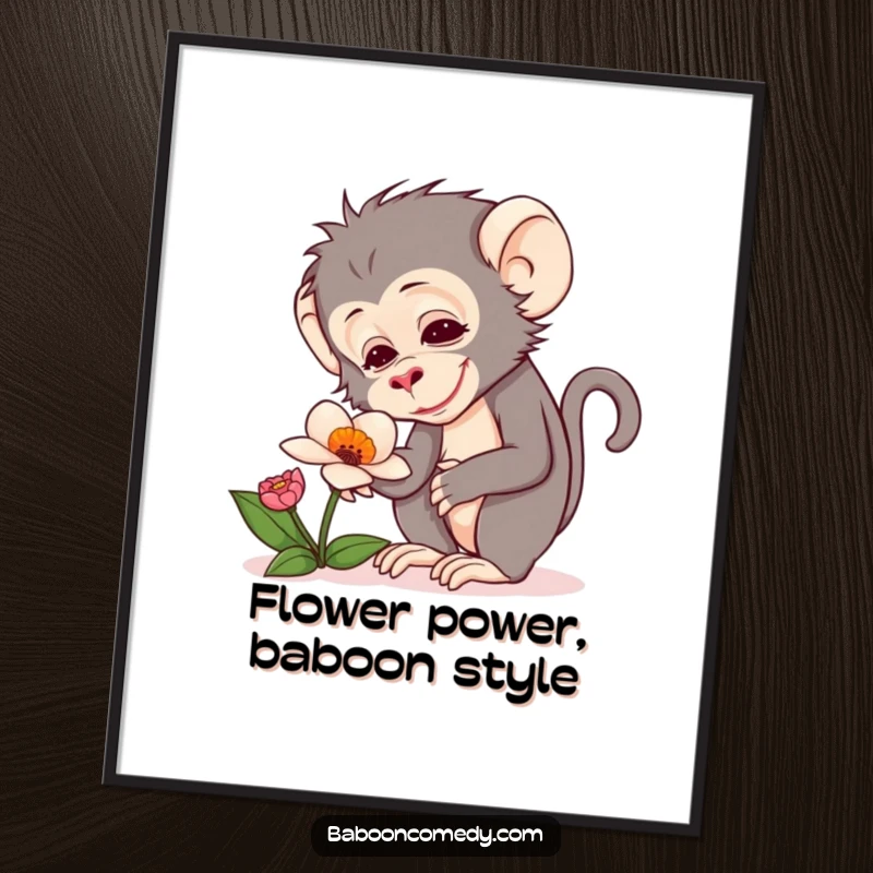 Funny Free Printable Baboon Flower Wall Art: A curious baboon examines a strange, delightful flower.