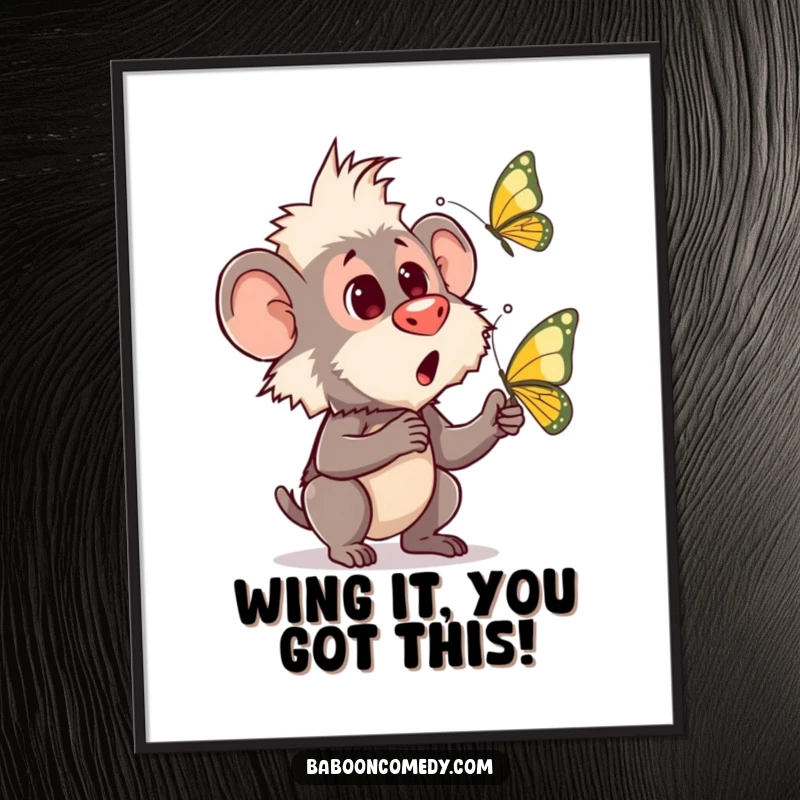 Funny Free Printable Wall Art: A baboon reacts with comical surprise to a delicate butterfly fluttering gracefully right in front of its nose.