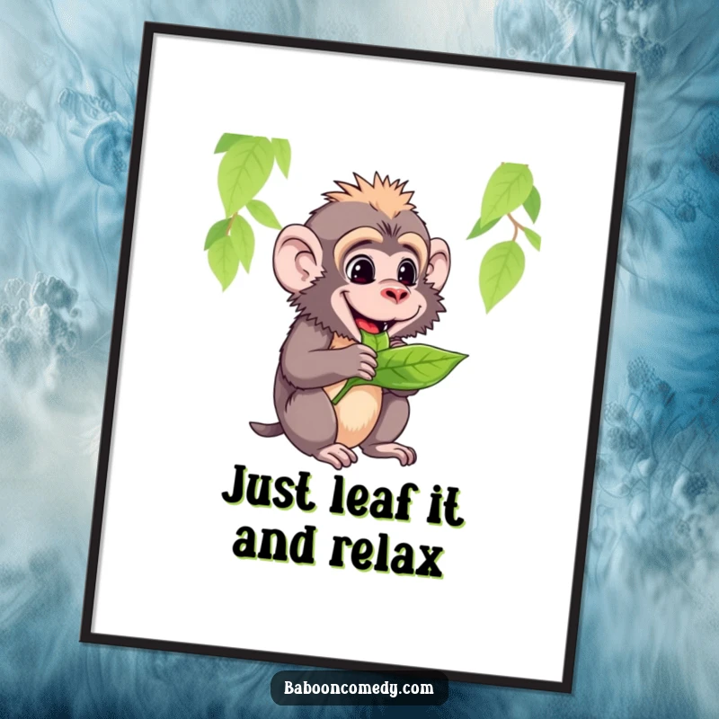 Funny Free Printable Wall Art: A contented baboon is happily chewing on a large, fresh green leaf, embodying pure satisfaction.