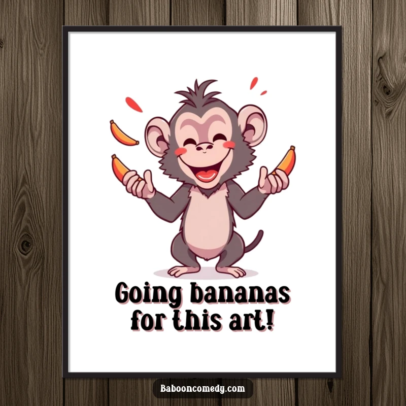 Funny Free Printable Wall Art: Amused baboon skillfully juggling multiple bright red bananas with a mischievous grin.
