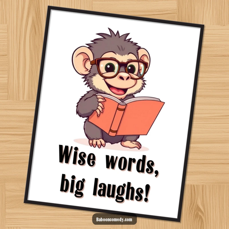 Funny Free Printable Wall Art: Giggling baboon wearing large glasses, completely absorbed in reading a massive book.