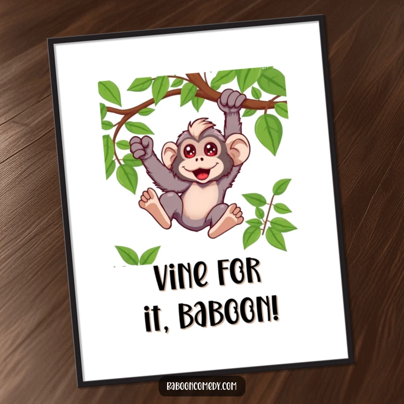 Funny Free Printable Wall Art: A kawaii baboon with excited eyes energetically swinging from a jungle vine.